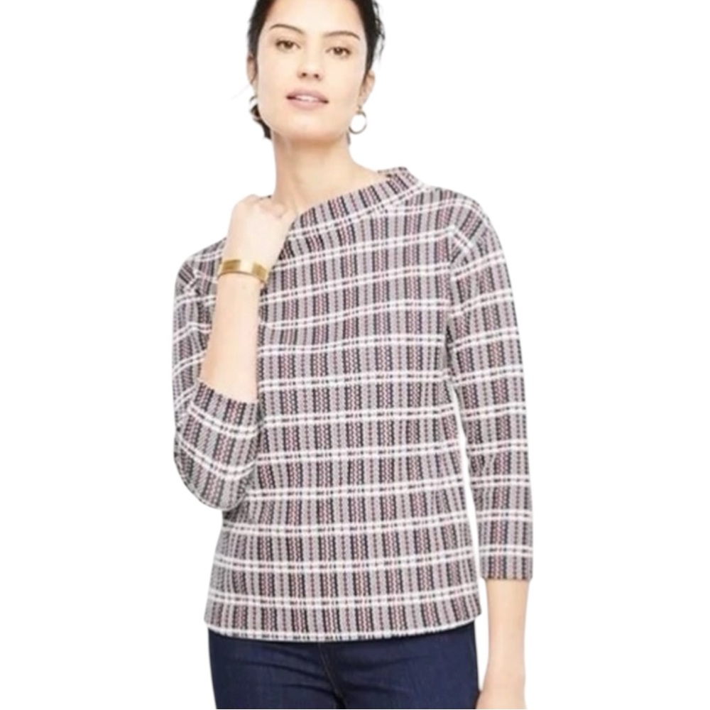 Ann Taylor Plaid Mock Neck Structured Sweater Top